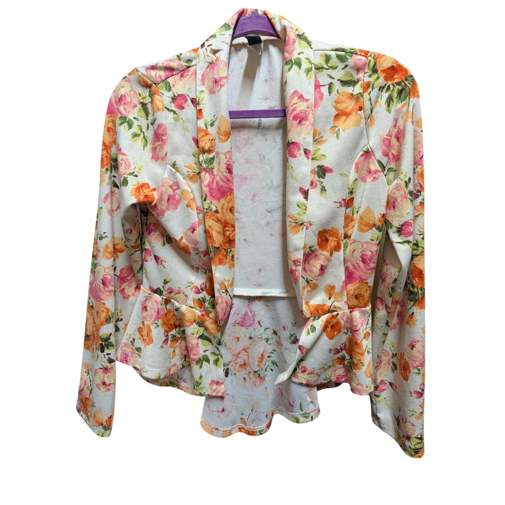 Windsor Womens Floral Peplum Blazer Orange Pink Rose Open Front Jacket Small